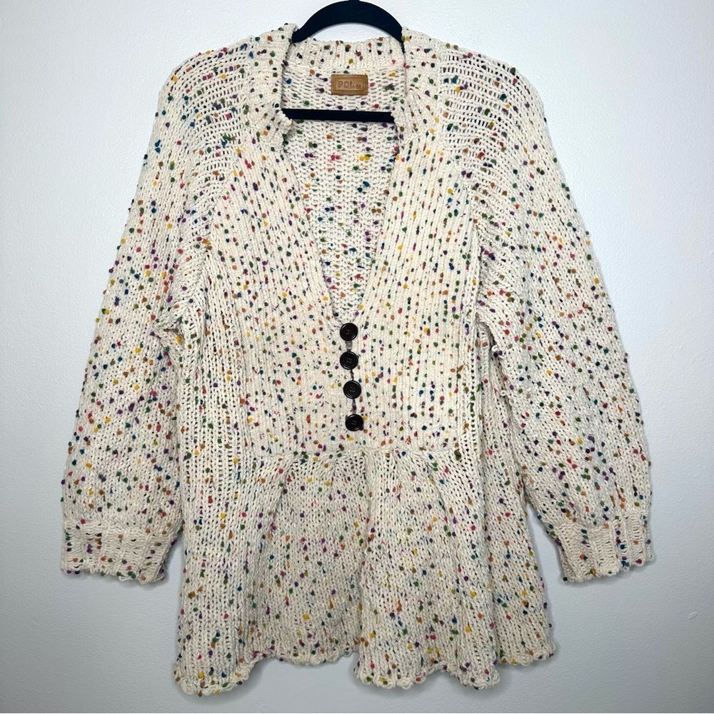 POL Chunky Oversized Confetti Rainbow Button V-Neck Ruffle Sweater Medium